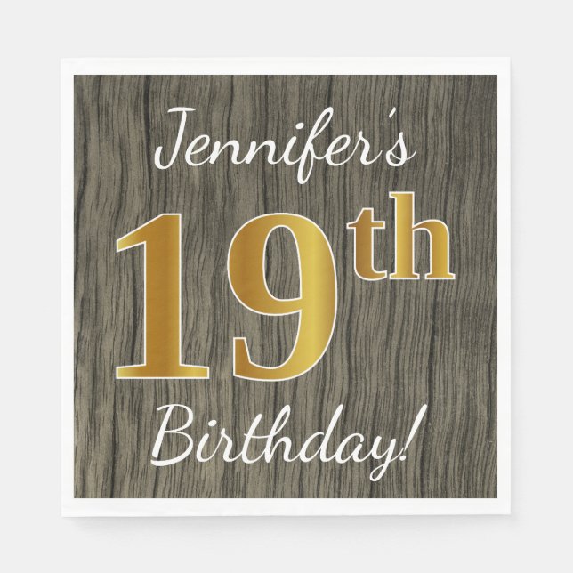 Faux Wood, Faux Gold 19th Birthday + Custom Name Napkin (Front)