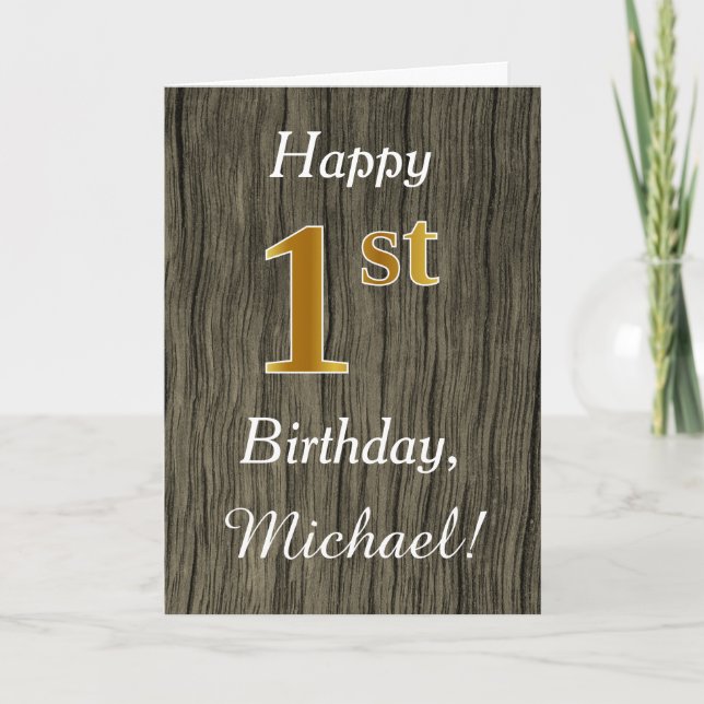 Faux Wood, Faux Gold 1st Birthday + Custom Name Card (Front)
