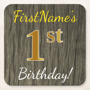 Faux Wood, Faux Gold 1st Birthday + Custom Name Square Paper Coaster