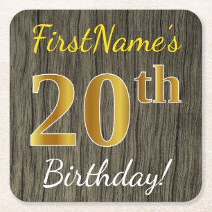 Faux Wood, Faux Gold 20th Birthday + Custom Name Square Paper Coaster