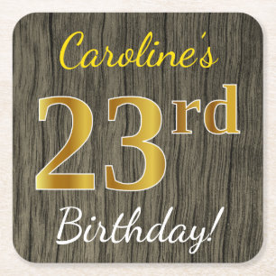 Faux Wood, Faux Gold 23rd Birthday + Custom Name Square Paper Coaster