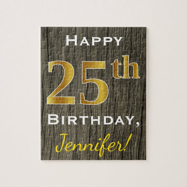 Faux Wood, Faux Gold 25th Birthday + Custom Name Jigsaw Puzzle (Vertical)