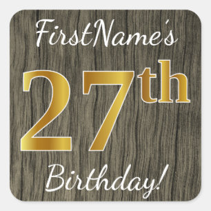 Faux Wood, Faux Gold 27th Birthday + Custom Name Square Sticker