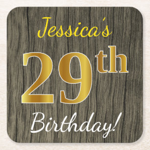 Faux Wood, Faux Gold 29th Birthday + Custom Name Square Paper Coaster