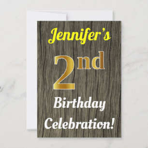 Faux Wood, Faux Gold 2nd Birthday Celebration Invitation
