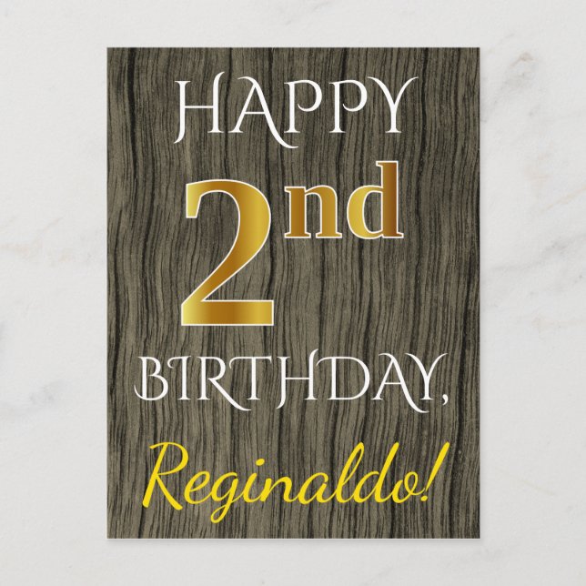 Faux Wood, Faux Gold 2nd Birthday + Custom Name Postcard (Front)