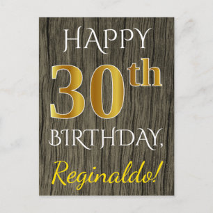 Faux Wood, Faux Gold 30th Birthday + Custom Name Postcard