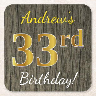 Faux Wood, Faux Gold 33rd Birthday + Custom Name Square Paper Coaster