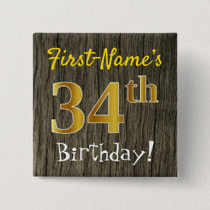 Faux Wood, Faux Gold 34th Birthday + Custom Name 2 Inch Square Button