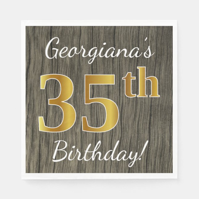 Faux Wood, Faux Gold 35th Birthday + Custom Name Napkin (Front)
