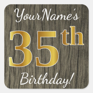 Faux Wood, Faux Gold 35th Birthday + Custom Name Square Sticker