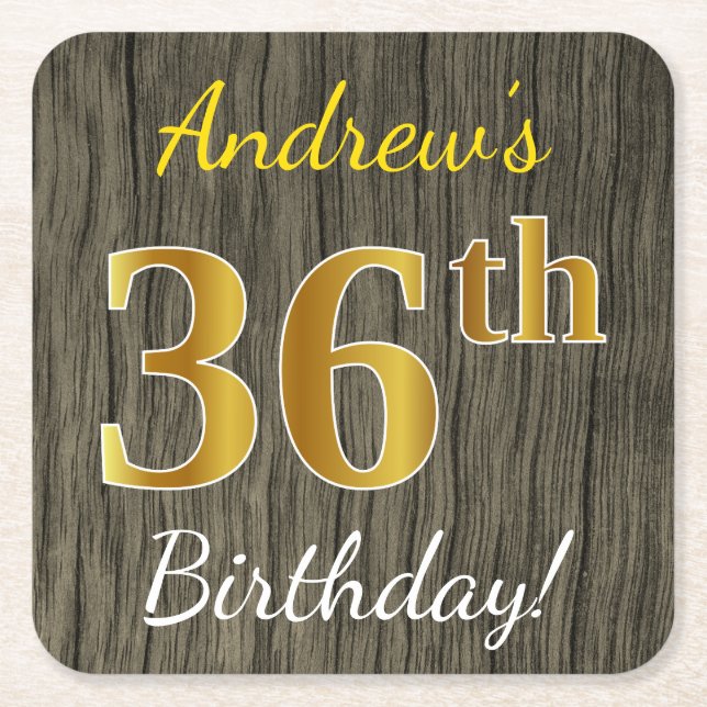 Faux Wood, Faux Gold 36th Birthday + Custom Name Square Paper Coaster (Front)