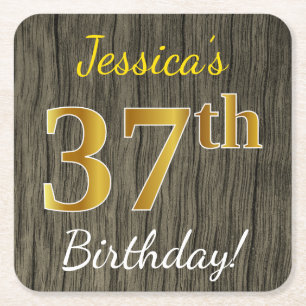 Faux Wood, Faux Gold 37th Birthday + Custom Name Square Paper Coaster