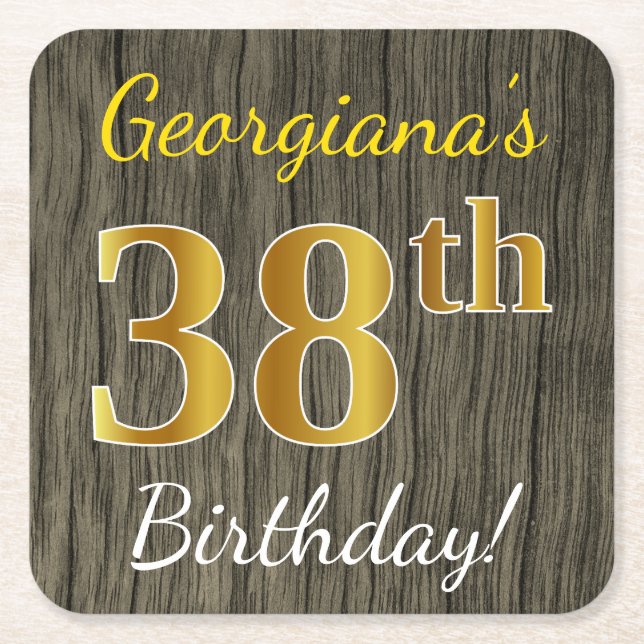 Faux Wood, Faux Gold 38th Birthday + Custom Name Square Paper Coaster (Front)