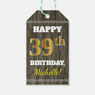Faux Wood, Faux Gold 39th Birthday + Custom Name Gift Tags