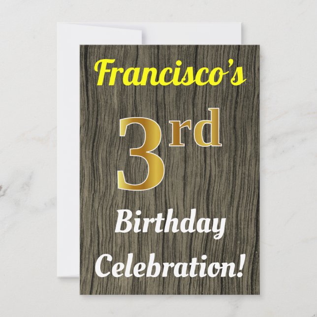 Faux Wood, Faux Gold 3rd Birthday Celebration Invitation (Front)