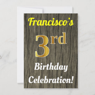 Faux Wood, Faux Gold 3rd Birthday Celebration Invitation