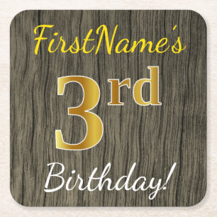 Faux Wood, Faux Gold 3rd Birthday + Custom Name Square Paper Coaster