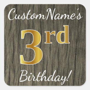 Faux Wood, Faux Gold 3rd Birthday + Custom Name Square Sticker
