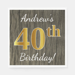Faux Wood, Faux Gold 40th Birthday + Custom Name Napkin