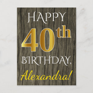 Faux Wood, Faux Gold 40th Birthday + Custom Name Postcard