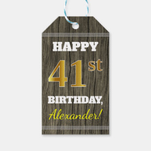 Faux Wood, Faux Gold 41st Birthday + Custom Name Gift Tags