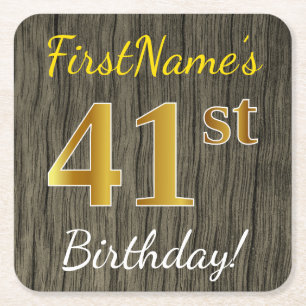 Faux Wood, Faux Gold 41st Birthday + Custom Name Square Paper Coaster