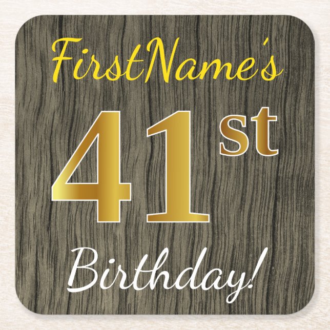 Faux Wood, Faux Gold 41st Birthday + Custom Name Square Paper Coaster (Front)