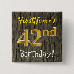 Faux Wood, Faux Gold 42nd Birthday + Custom Name 2 Inch Square Button