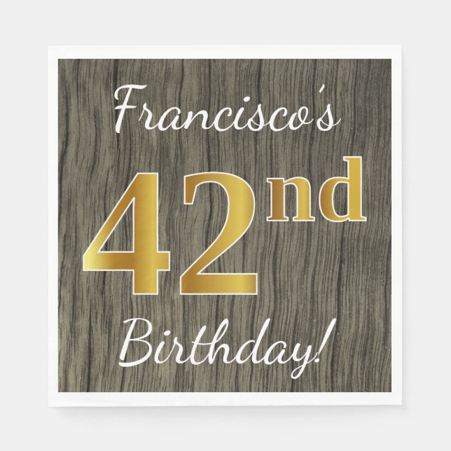 Faux Wood, Faux Gold 42nd Birthday + Custom Name Napkin (Front)
