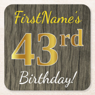 Faux Wood, Faux Gold 43rd Birthday + Custom Name Square Paper Coaster