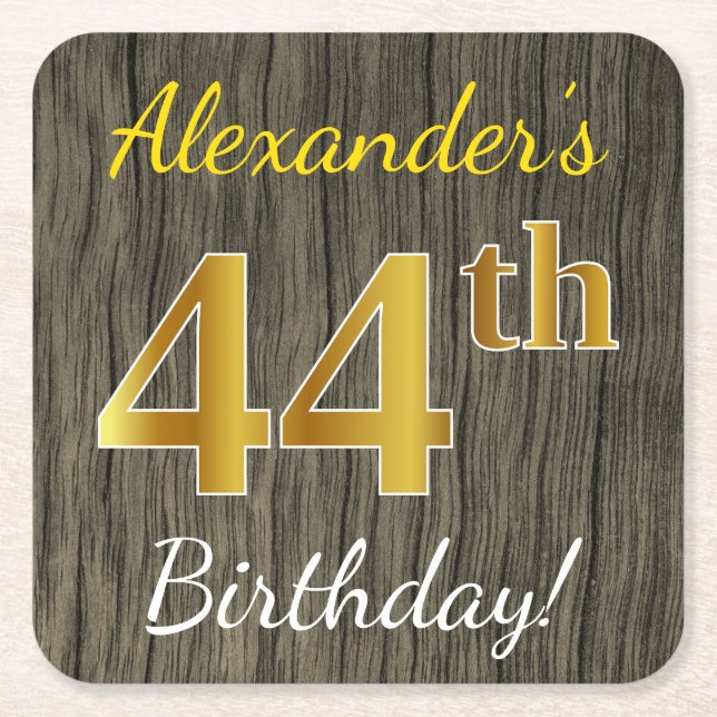 Faux Wood, Faux Gold 44th Birthday + Custom Name Square Paper Coaster (Front)