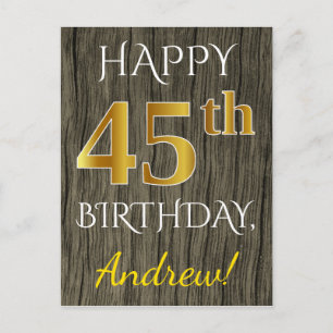 Faux Wood, Faux Gold 45th Birthday + Custom Name Postcard