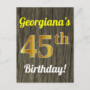 Faux Wood, Faux Gold 45th Birthday & Custom Name Postcard