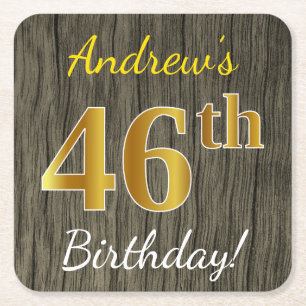 Faux Wood, Faux Gold 46th Birthday + Custom Name Square Paper Coaster