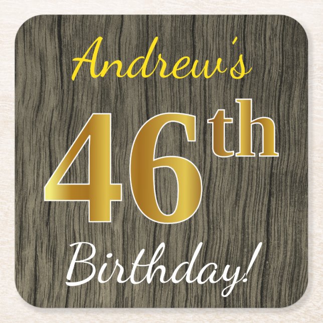 Faux Wood, Faux Gold 46th Birthday + Custom Name Square Paper Coaster (Front)