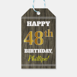 Faux Wood, Faux Gold 48th Birthday + Custom Name Gift Tags