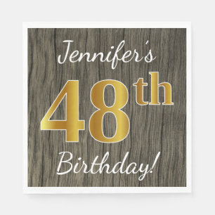 Faux Wood, Faux Gold 48th Birthday + Custom Name Napkin