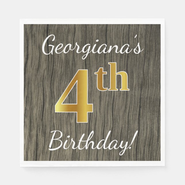 Faux Wood, Faux Gold 4th Birthday + Custom Name Napkin (Front)