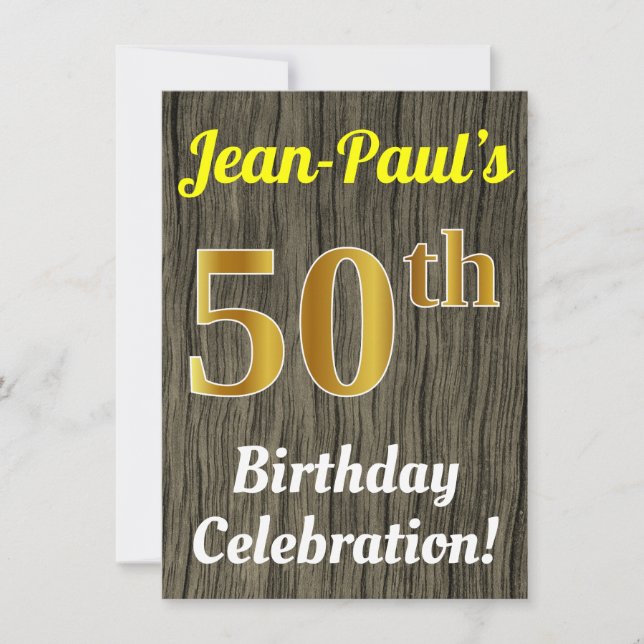 Faux Wood, Faux Gold 50th Birthday Celebration Invitation (Front)
