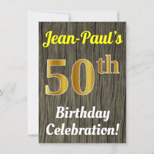 Faux Wood, Faux Gold 50th Birthday Celebration Invitation