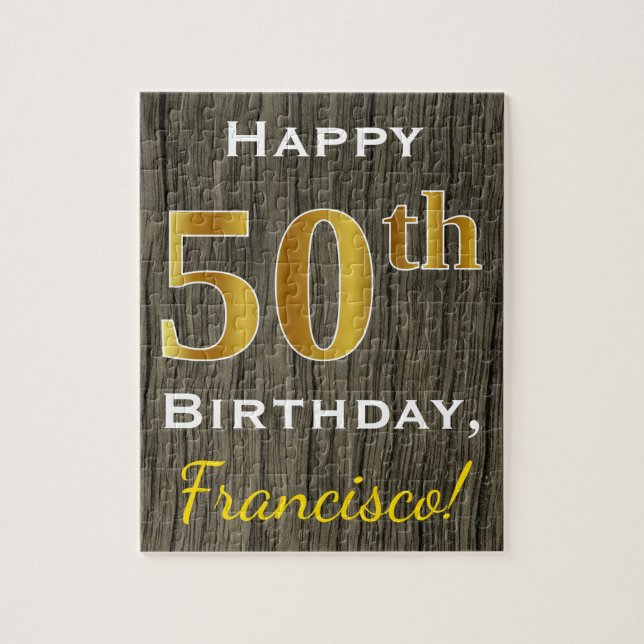 Faux Wood, Faux Gold 50th Birthday + Custom Name Jigsaw Puzzle (Vertical)