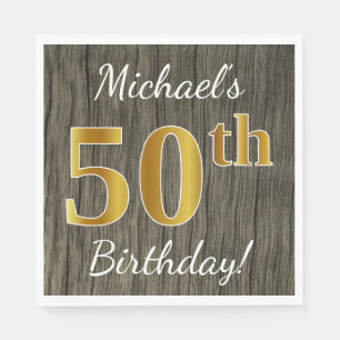 Faux Wood, Faux Gold 50th Birthday + Custom Name Napkin