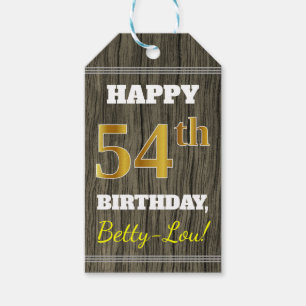 Faux Wood, Faux Gold 54th Birthday + Custom Name Gift Tags