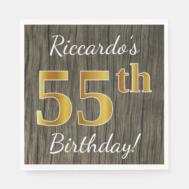 Faux Wood, Faux Gold 55th Birthday + Custom Name Napkin (Front)