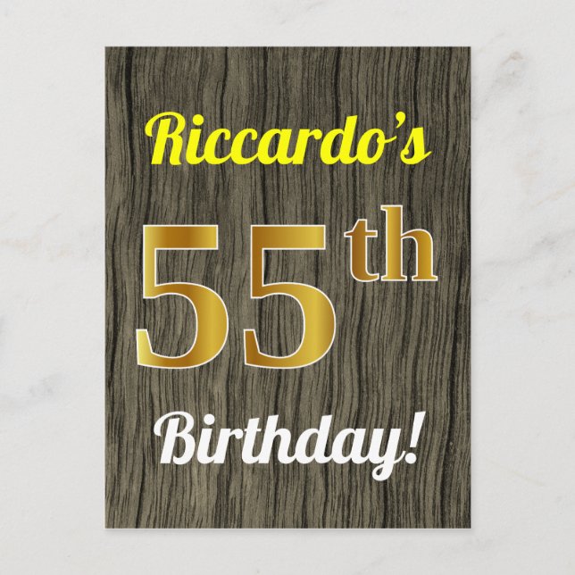 Faux Wood, Faux Gold 55th Birthday & Custom Name Postcard (Front)