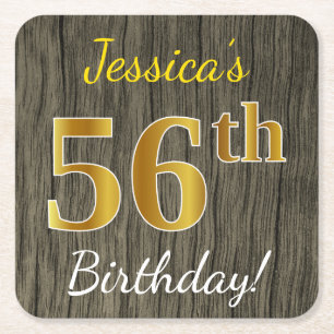 Faux Wood, Faux Gold 56th Birthday + Custom Name Square Paper Coaster