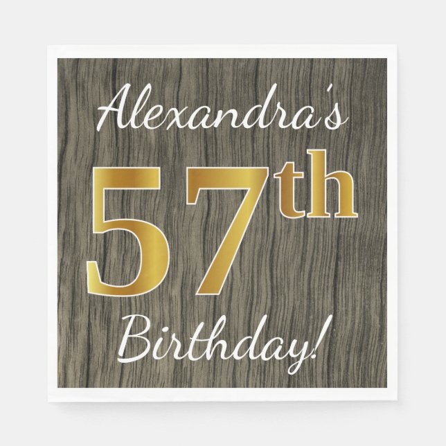 Faux Wood, Faux Gold 57th Birthday + Custom Name Napkin (Front)
