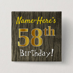 Faux Wood, Faux Gold 58th Birthday + Custom Name 2 Inch Square Button