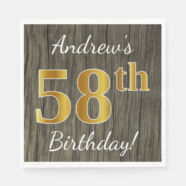 Faux Wood, Faux Gold 58th Birthday + Custom Name Napkin (Front)